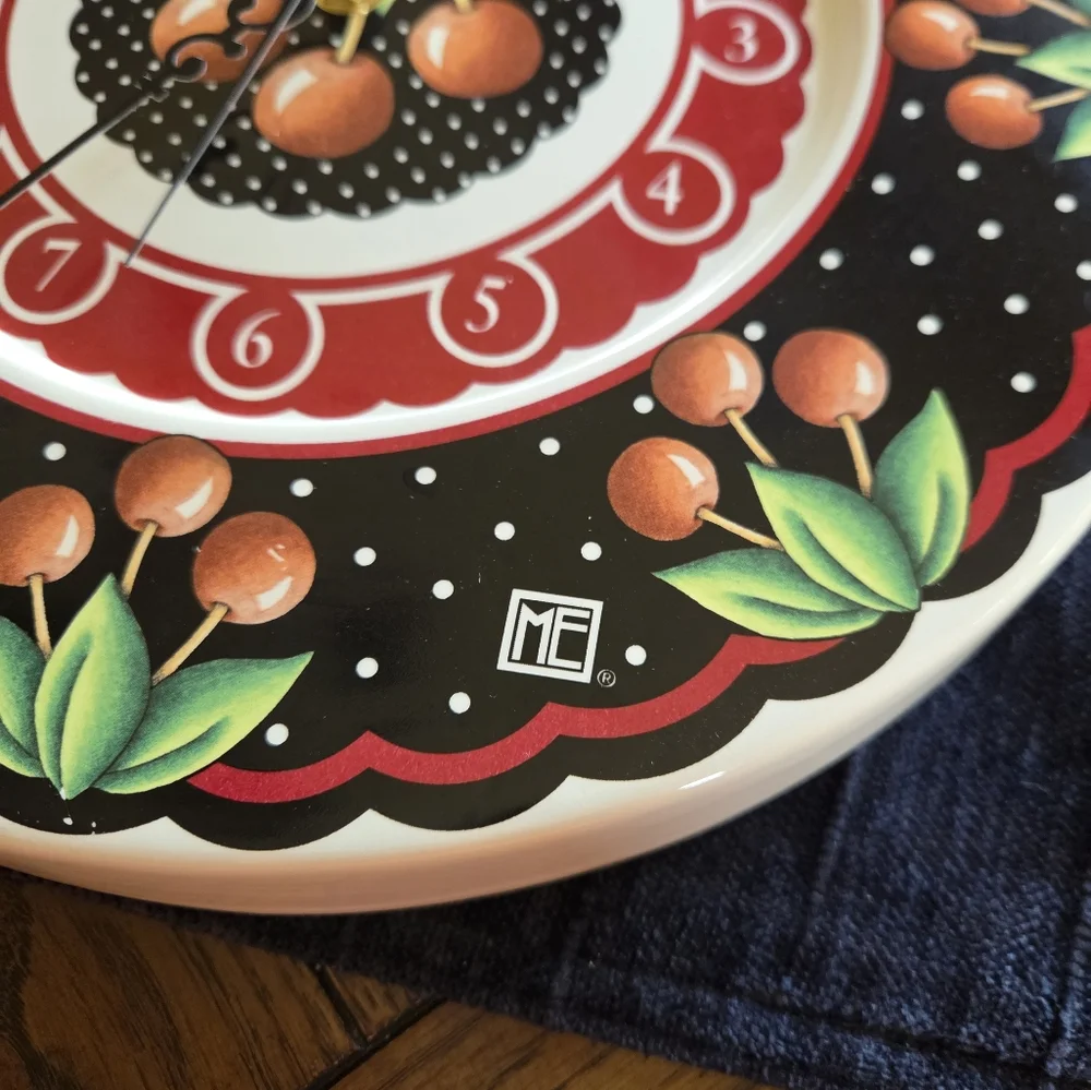 Mary Engelbreit Cherries Ceramic Clock With Brand New Clock Mechanism